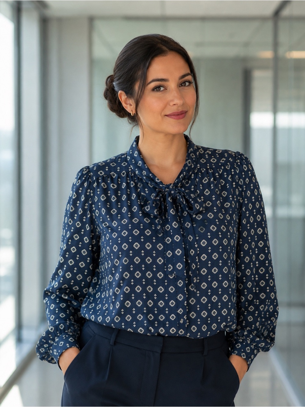 Ann Taylor Navy Geometric Tie-Neck Blouse